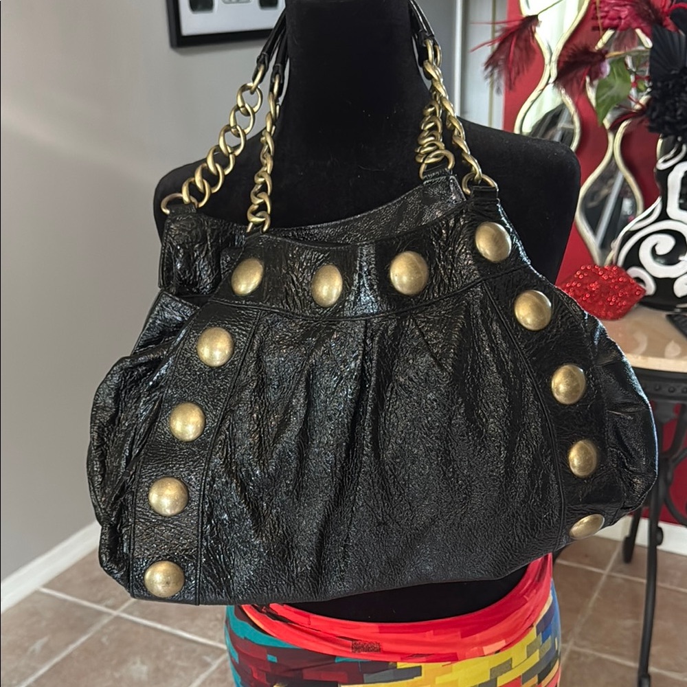 Cynthia Rowley Black and Gold Studded Women's Bag  GGENUINE PATENT LEATHER